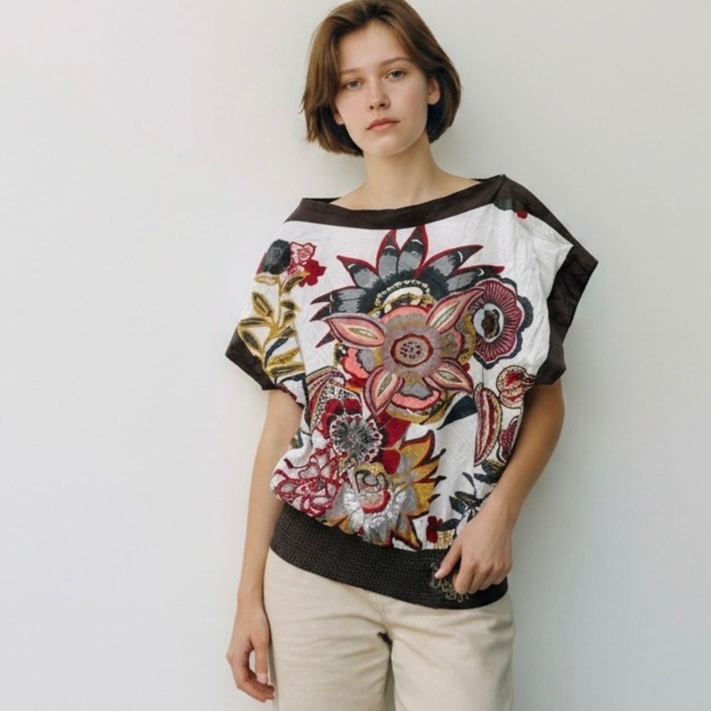 Desigual Floral Print Y2K Boat Neck Smocked Hem Blouse Top Brown White Large